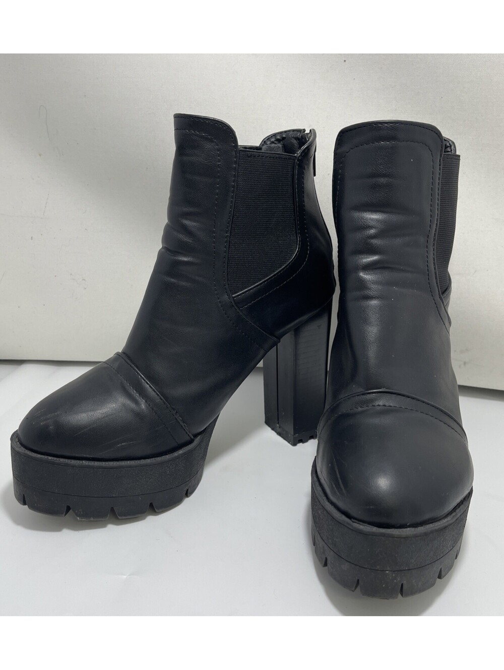 Black Platform Ankle Boots Size 8 Chunky Heel Lug Sole Chelsea Booties See Pics